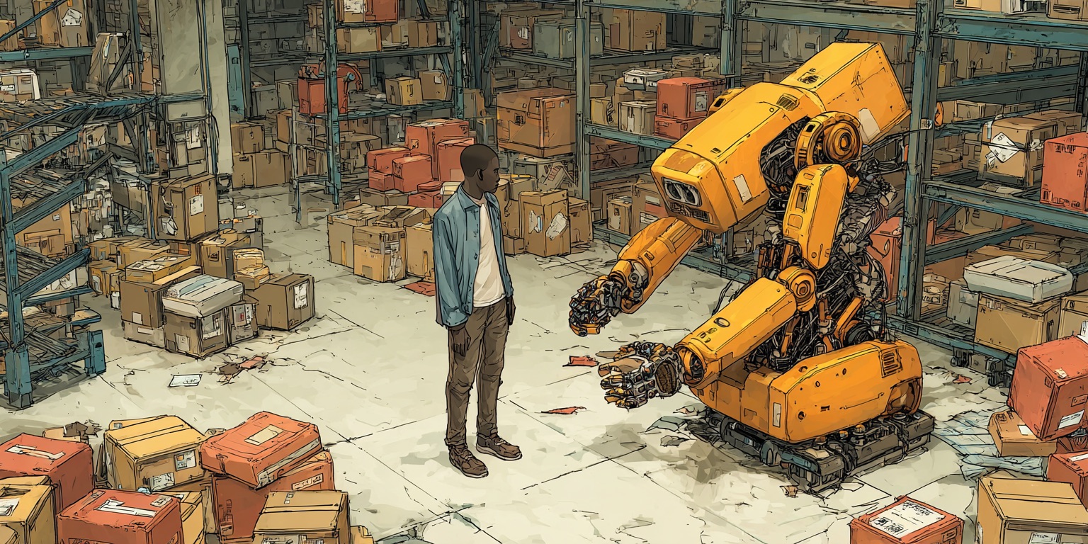 A person standing in a warehouse facing a large orange industrial robot